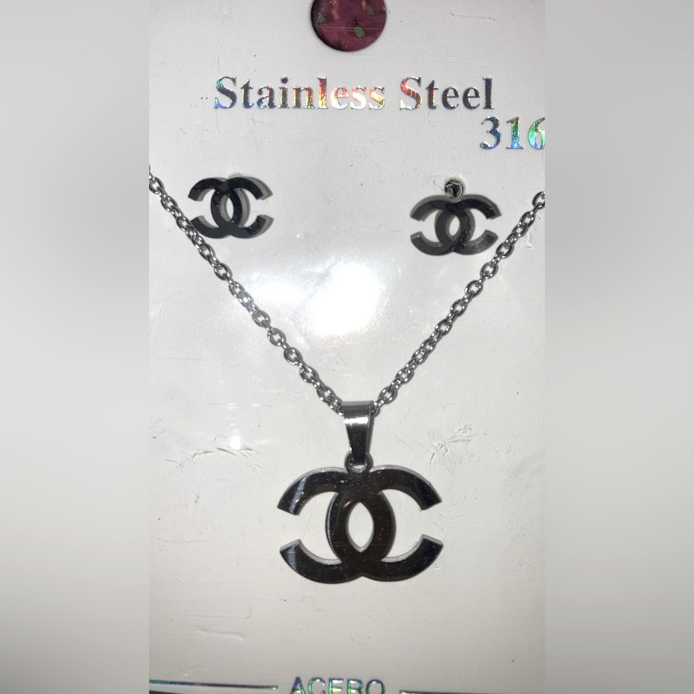 Elegant Silver Stainless Steel Necklace and Earring Set